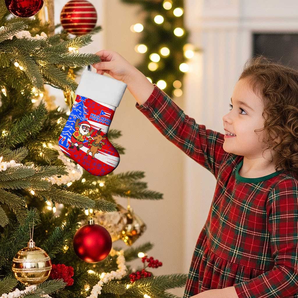 Puerto Rico Christmas Stocking with Dancing Santa Reindeer Blue Tree and Festive Flag Design - Wonder Print Shop
