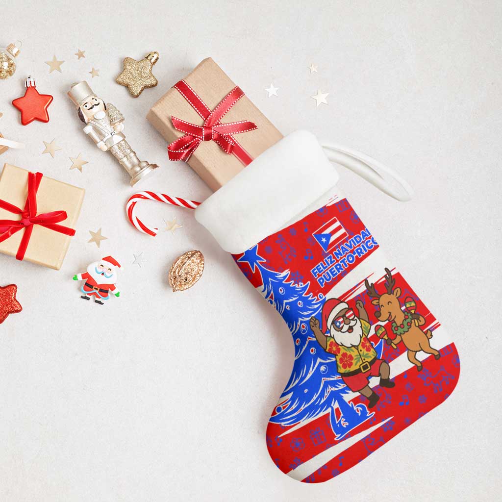 Puerto Rico Christmas Stocking with Dancing Santa Reindeer Blue Tree and Festive Flag Design - Wonder Print Shop
