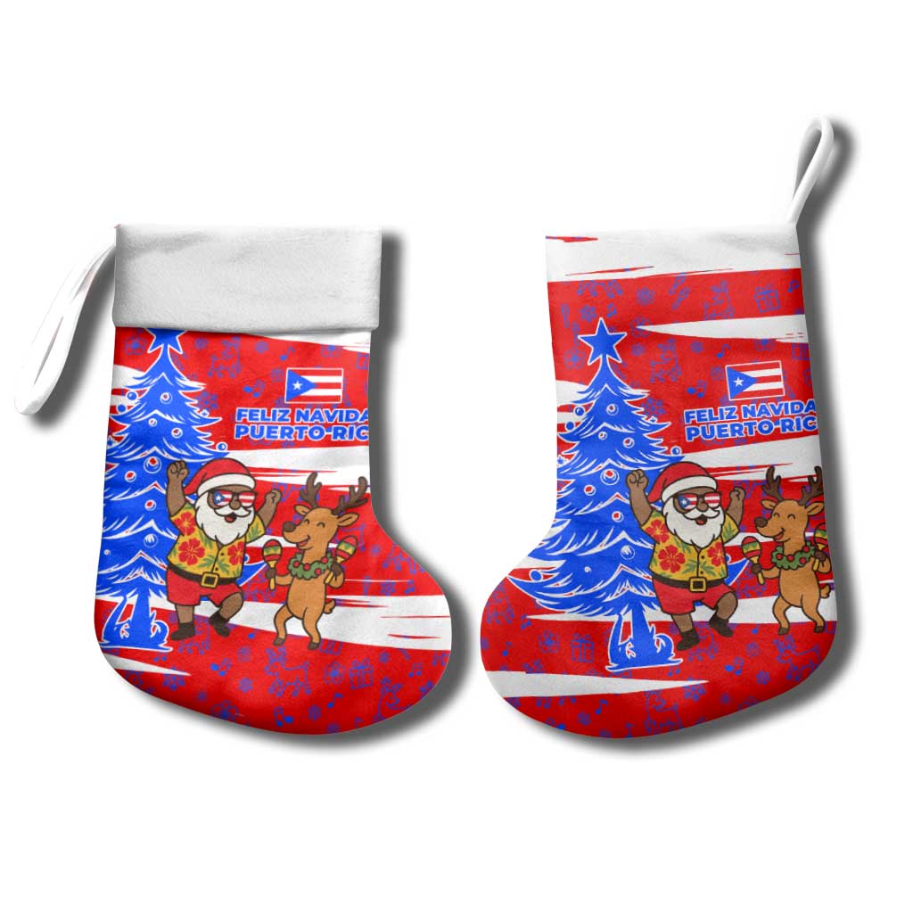 Puerto Rico Christmas Stocking with Dancing Santa Reindeer Blue Tree and Festive Flag Design - Wonder Print Shop