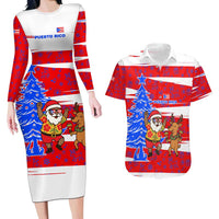 Puerto Rico Christmas Couples Matching Long Sleeve Bodycon Dress and Hawaiian Shirt with Dancing Santa Reindeer Blue Tree and Festive Flag Design - Wonder Print Shop