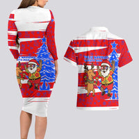 Puerto Rico Christmas Couples Matching Long Sleeve Bodycon Dress and Hawaiian Shirt with Dancing Santa Reindeer Blue Tree and Festive Flag Design - Wonder Print Shop
