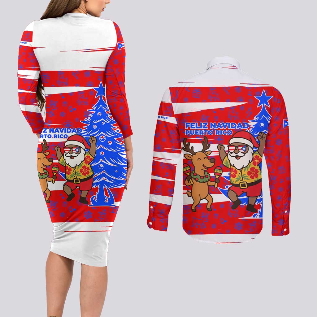 Puerto Rico Christmas Couples Matching Long Sleeve Bodycon Dress and Long Sleeve Button Shirt with Dancing Santa Reindeer Blue Tree and Festive Flag Design - Wonder Print Shop
