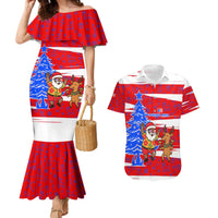 Puerto Rico Christmas Couples Matching Mermaid Dress and Hawaiian Shirt with Dancing Santa Reindeer Blue Tree and Festive Flag Design - Wonder Print Shop