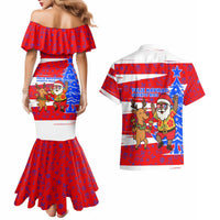 Puerto Rico Christmas Couples Matching Mermaid Dress and Hawaiian Shirt with Dancing Santa Reindeer Blue Tree and Festive Flag Design - Wonder Print Shop