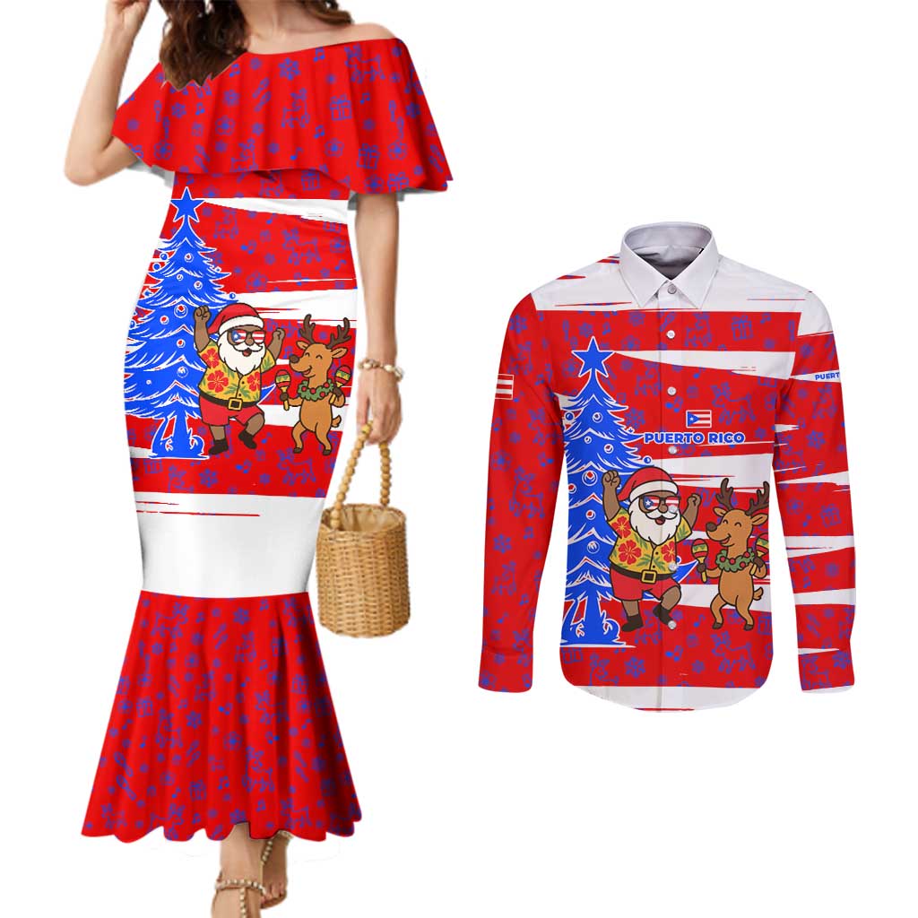 Puerto Rico Christmas Couples Matching Mermaid Dress and Long Sleeve Button Shirt with Dancing Santa Reindeer Blue Tree and Festive Flag Design - Wonder Print Shop