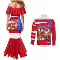 Puerto Rico Christmas Couples Matching Mermaid Dress and Long Sleeve Button Shirt with Dancing Santa Reindeer Blue Tree and Festive Flag Design - Wonder Print Shop