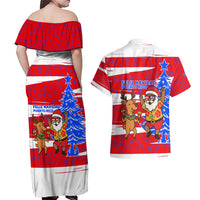 Puerto Rico Christmas Couples Matching Off Shoulder Maxi Dress and Hawaiian Shirt with Dancing Santa Reindeer Blue Tree and Festive Flag Design - Wonder Print Shop