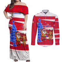 Puerto Rico Christmas Couples Matching Off Shoulder Maxi Dress and Long Sleeve Button Shirt with Dancing Santa Reindeer Blue Tree and Festive Flag Design - Wonder Print Shop