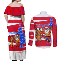 Puerto Rico Christmas Couples Matching Off Shoulder Maxi Dress and Long Sleeve Button Shirt with Dancing Santa Reindeer Blue Tree and Festive Flag Design - Wonder Print Shop