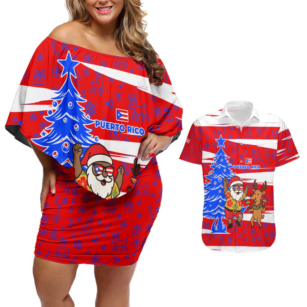 Puerto Rico Christmas Couples Matching Off Shoulder Short Dress and Hawaiian Shirt with Dancing Santa Reindeer Blue Tree and Festive Flag Design - Wonder Print Shop
