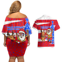 Puerto Rico Christmas Couples Matching Off Shoulder Short Dress and Hawaiian Shirt with Dancing Santa Reindeer Blue Tree and Festive Flag Design - Wonder Print Shop