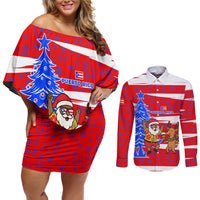 Puerto Rico Christmas Couples Matching Off Shoulder Short Dress and Long Sleeve Button Shirt with Dancing Santa Reindeer Blue Tree and Festive Flag Design - Wonder Print Shop