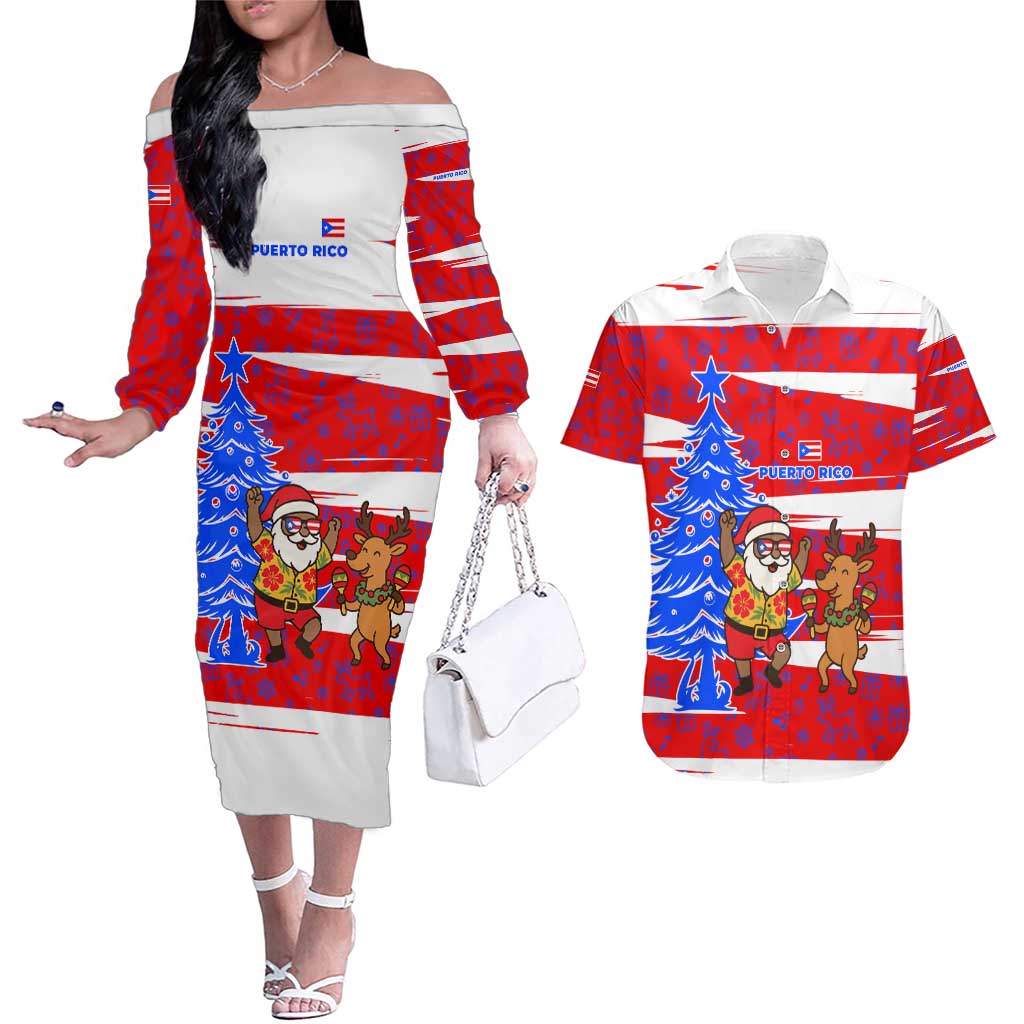 Puerto Rico Christmas Couples Matching Off The Shoulder Long Sleeve Dress and Hawaiian Shirt with Dancing Santa Reindeer Blue Tree and Festive Flag Design - Wonder Print Shop