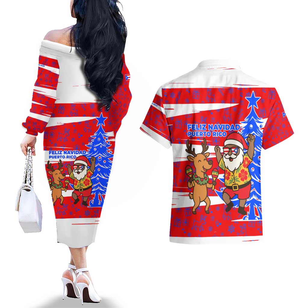 Puerto Rico Christmas Couples Matching Off The Shoulder Long Sleeve Dress and Hawaiian Shirt with Dancing Santa Reindeer Blue Tree and Festive Flag Design - Wonder Print Shop