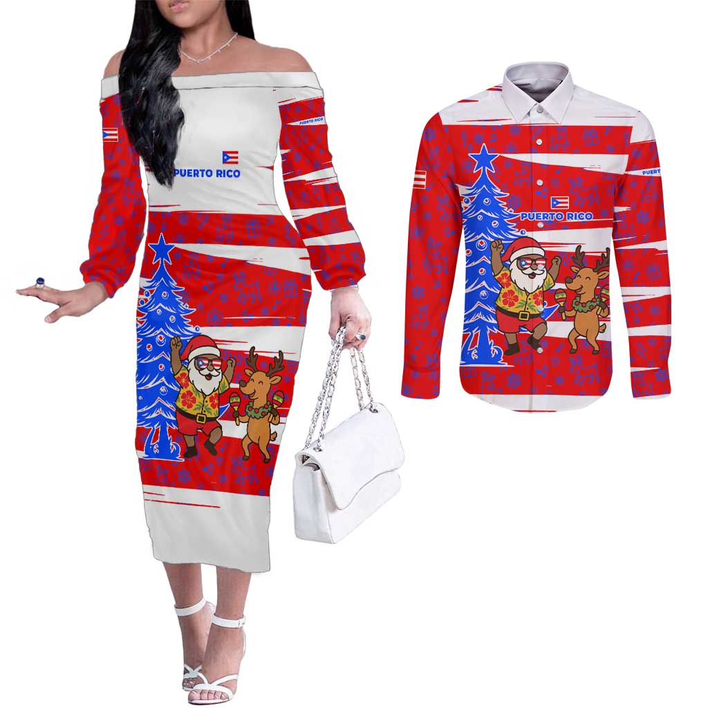 Puerto Rico Christmas Couples Matching Off The Shoulder Long Sleeve Dress and Long Sleeve Button Shirt with Dancing Santa Reindeer Blue Tree and Festive Flag Design - Wonder Print Shop