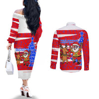 Puerto Rico Christmas Couples Matching Off The Shoulder Long Sleeve Dress and Long Sleeve Button Shirt with Dancing Santa Reindeer Blue Tree and Festive Flag Design - Wonder Print Shop