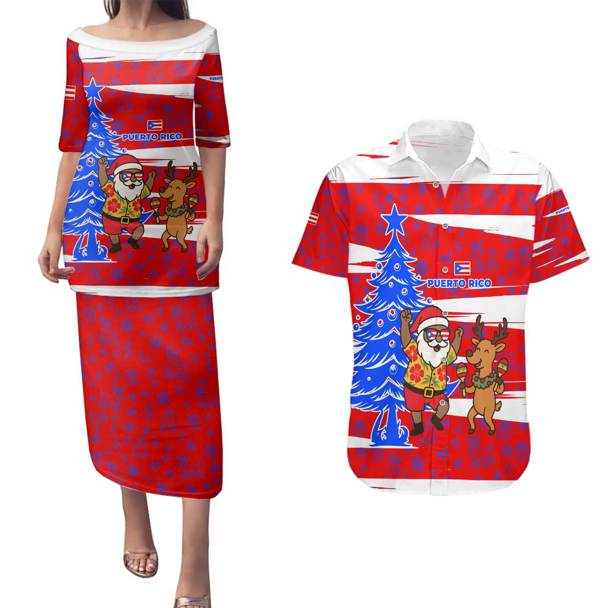 Puerto Rico Christmas Couples Matching Puletasi and Hawaiian Shirt with Dancing Santa Reindeer Blue Tree and Festive Flag Design - Wonder Print Shop