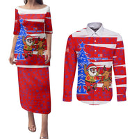 Puerto Rico Christmas Couples Matching Puletasi and Long Sleeve Button Shirt with Dancing Santa Reindeer Blue Tree and Festive Flag Design - Wonder Print Shop