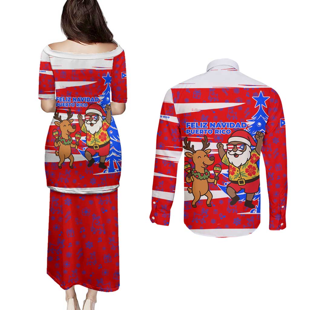 Puerto Rico Christmas Couples Matching Puletasi and Long Sleeve Button Shirt with Dancing Santa Reindeer Blue Tree and Festive Flag Design - Wonder Print Shop