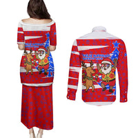 Puerto Rico Christmas Couples Matching Puletasi and Long Sleeve Button Shirt with Dancing Santa Reindeer Blue Tree and Festive Flag Design - Wonder Print Shop