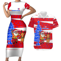 Puerto Rico Christmas Couples Matching Short Sleeve Bodycon Dress and Hawaiian Shirt with Dancing Santa Reindeer Blue Tree and Festive Flag Design - Wonder Print Shop