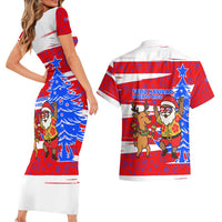 Puerto Rico Christmas Couples Matching Short Sleeve Bodycon Dress and Hawaiian Shirt with Dancing Santa Reindeer Blue Tree and Festive Flag Design - Wonder Print Shop