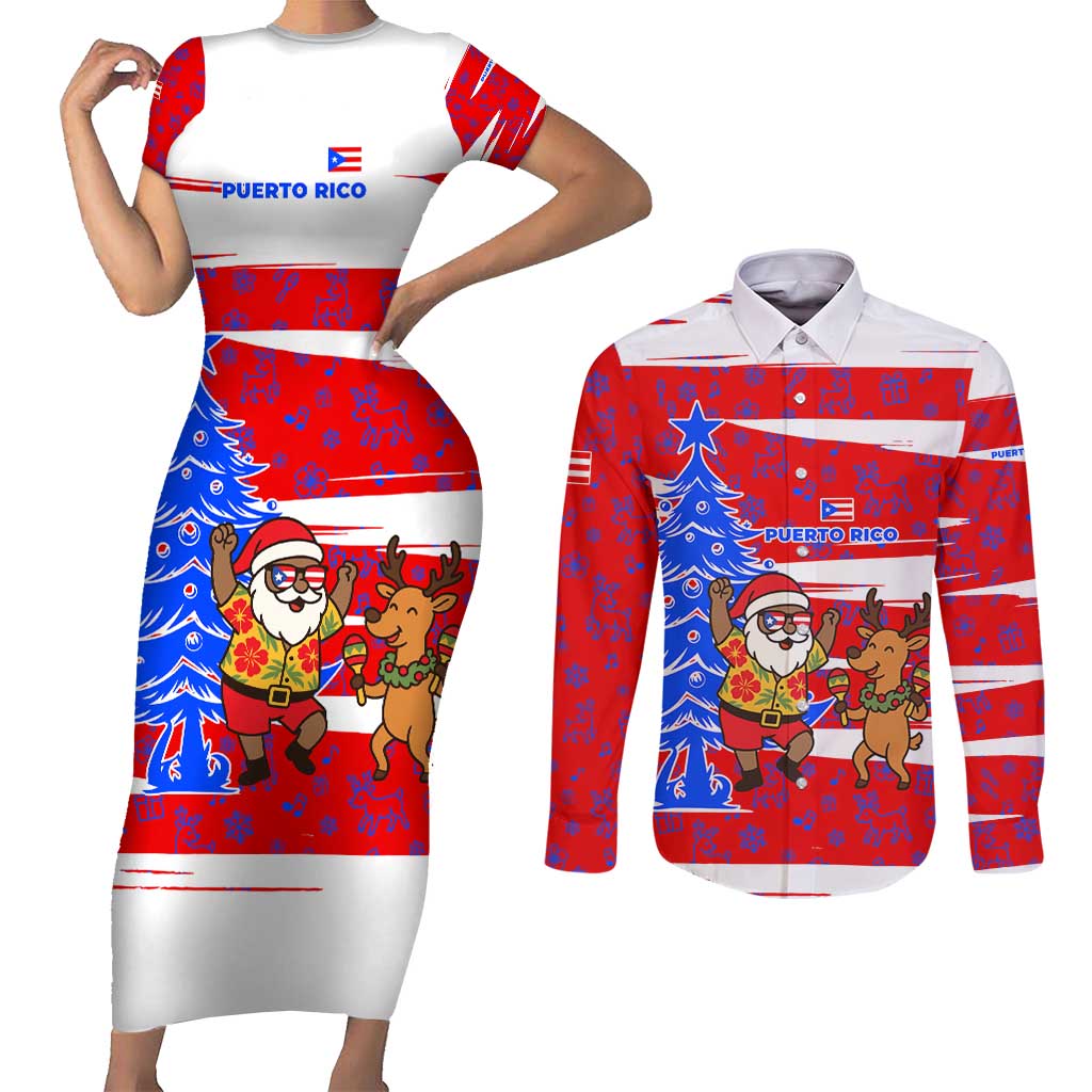 Puerto Rico Christmas Couples Matching Short Sleeve Bodycon Dress and Long Sleeve Button Shirt with Dancing Santa Reindeer Blue Tree and Festive Flag Design - Wonder Print Shop