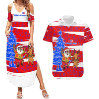 Puerto Rico Christmas Couples Matching Summer Maxi Dress and Hawaiian Shirt with Dancing Santa Reindeer Blue Tree and Festive Flag Design - Wonder Print Shop