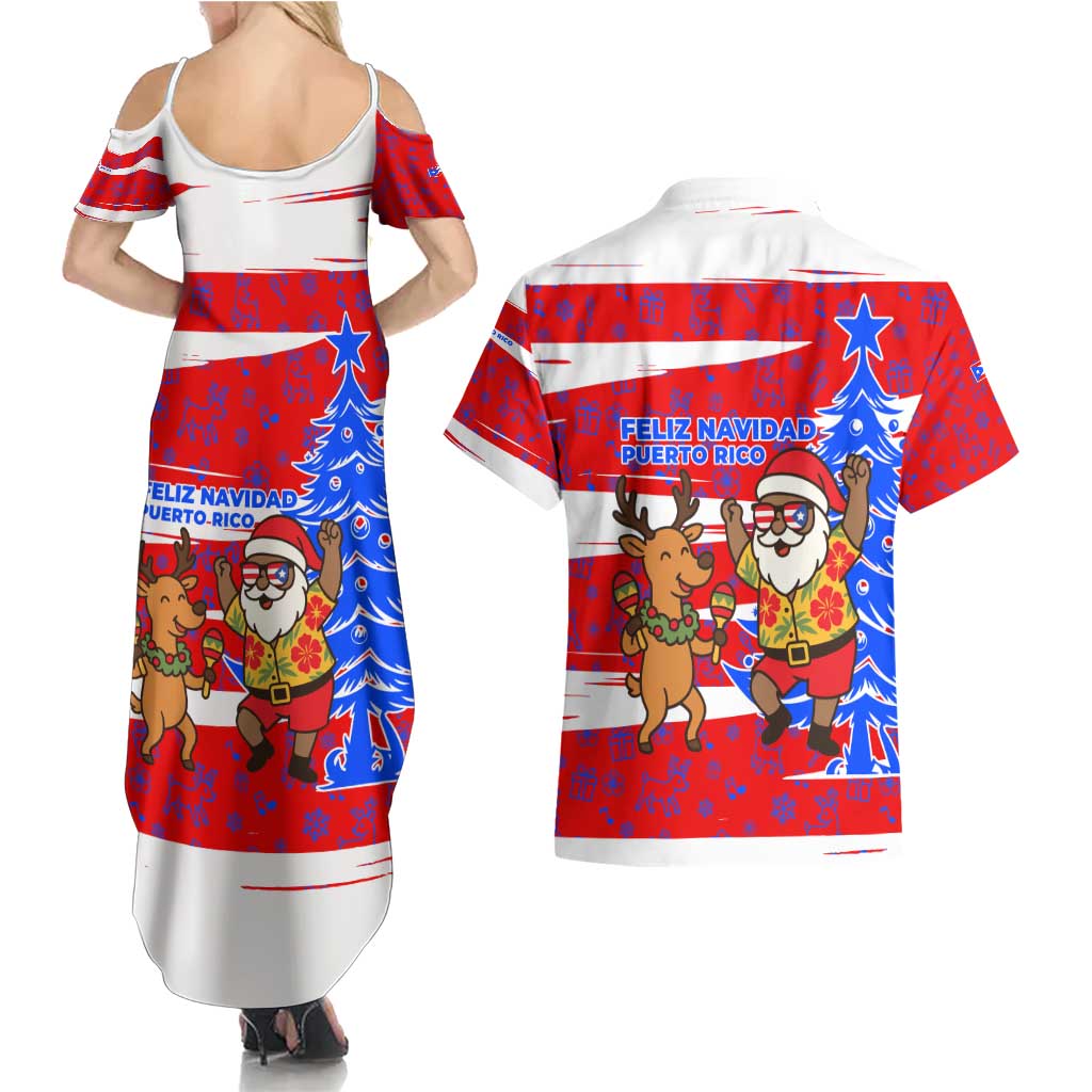 Puerto Rico Christmas Couples Matching Summer Maxi Dress and Hawaiian Shirt with Dancing Santa Reindeer Blue Tree and Festive Flag Design - Wonder Print Shop