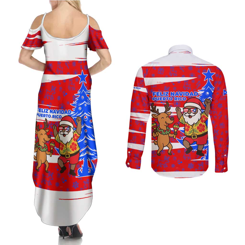 Puerto Rico Christmas Couples Matching Summer Maxi Dress and Long Sleeve Button Shirt with Dancing Santa Reindeer Blue Tree and Festive Flag Design - Wonder Print Shop