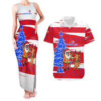 Puerto Rico Christmas Couples Matching Tank Maxi Dress and Hawaiian Shirt with Dancing Santa Reindeer Blue Tree and Festive Flag Design - Wonder Print Shop