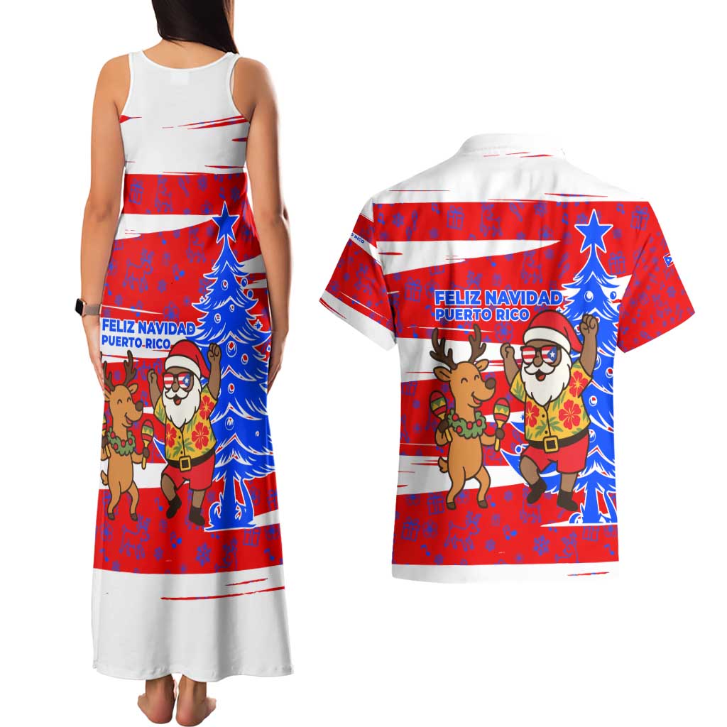 Puerto Rico Christmas Couples Matching Tank Maxi Dress and Hawaiian Shirt with Dancing Santa Reindeer Blue Tree and Festive Flag Design - Wonder Print Shop