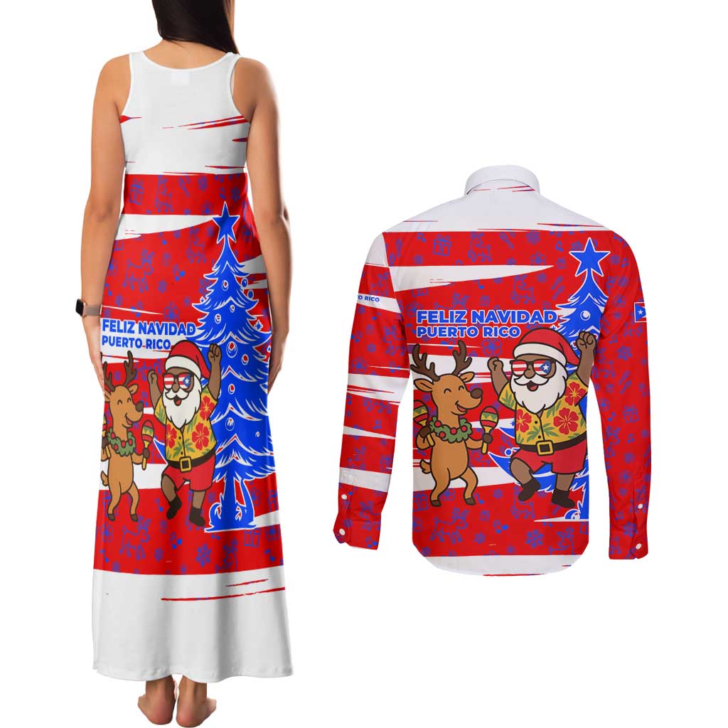 Puerto Rico Christmas Couples Matching Tank Maxi Dress and Long Sleeve Button Shirt with Dancing Santa Reindeer Blue Tree and Festive Flag Design - Wonder Print Shop
