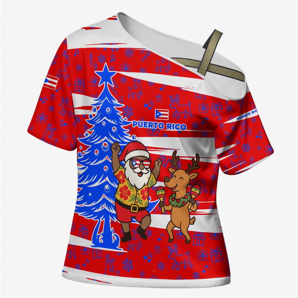 Puerto Rico Christmas Cross Shoulder Shirt with Dancing Santa Reindeer Blue Tree and Festive Flag Design - Wonder Print Shop