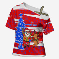 Puerto Rico Christmas Cross Shoulder Shirt with Dancing Santa Reindeer Blue Tree and Festive Flag Design - Wonder Print Shop