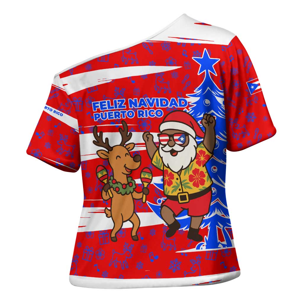 Puerto Rico Christmas Cross Shoulder Shirt with Dancing Santa Reindeer Blue Tree and Festive Flag Design - Wonder Print Shop