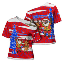 Puerto Rico Christmas Cross Shoulder Shirt with Dancing Santa Reindeer Blue Tree and Festive Flag Design - Wonder Print Shop