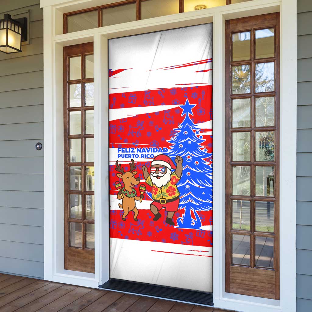 Puerto Rico Christmas Door Cover with Dancing Santa Reindeer Blue Tree and Festive Flag Design - Wonder Print Shop