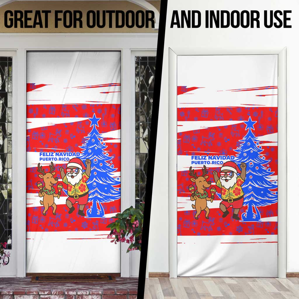 Puerto Rico Christmas Door Cover with Dancing Santa Reindeer Blue Tree and Festive Flag Design - Wonder Print Shop