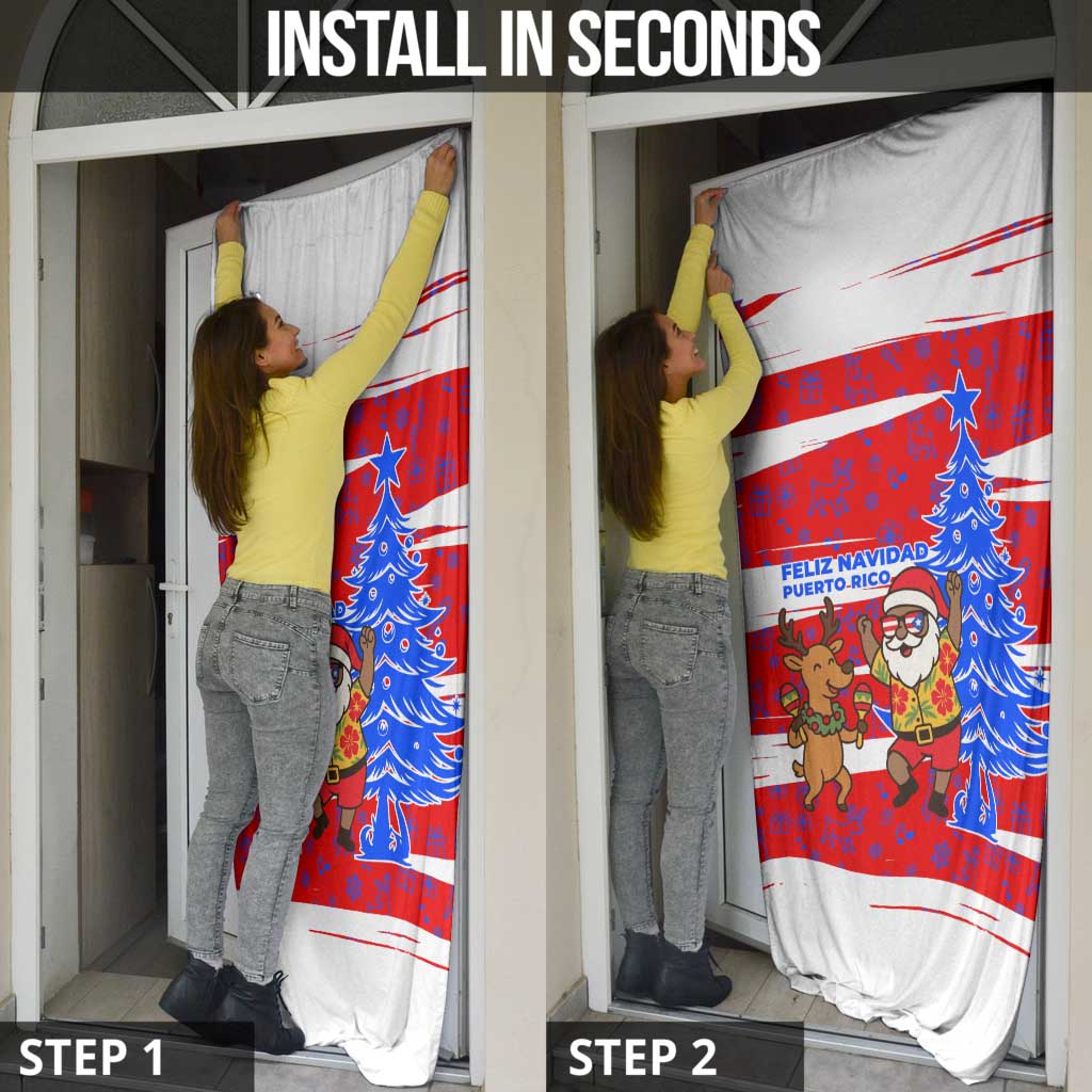 Puerto Rico Christmas Door Cover with Dancing Santa Reindeer Blue Tree and Festive Flag Design - Wonder Print Shop