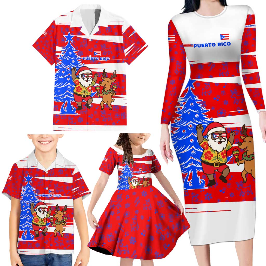 Puerto Rico Christmas Family Matching Long Sleeve Bodycon Dress and Hawaiian Shirt with Dancing Santa Reindeer Blue Tree and Festive Flag Design - Wonder Print Shop