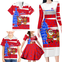 Puerto Rico Christmas Family Matching Long Sleeve Bodycon Dress and Hawaiian Shirt with Dancing Santa Reindeer Blue Tree and Festive Flag Design - Wonder Print Shop