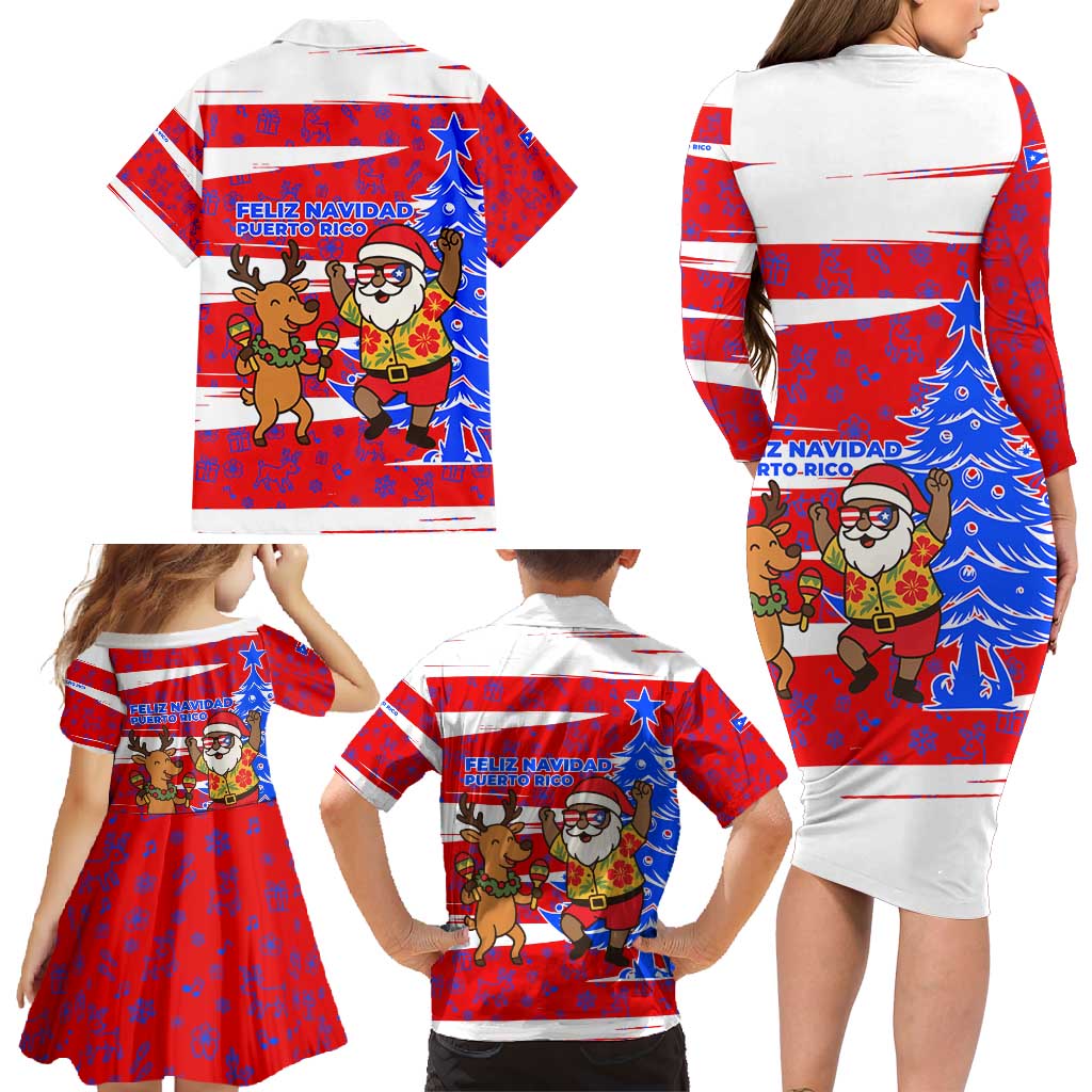 Puerto Rico Christmas Family Matching Long Sleeve Bodycon Dress and Hawaiian Shirt with Dancing Santa Reindeer Blue Tree and Festive Flag Design - Wonder Print Shop