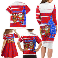 Puerto Rico Christmas Family Matching Long Sleeve Bodycon Dress and Hawaiian Shirt with Dancing Santa Reindeer Blue Tree and Festive Flag Design - Wonder Print Shop