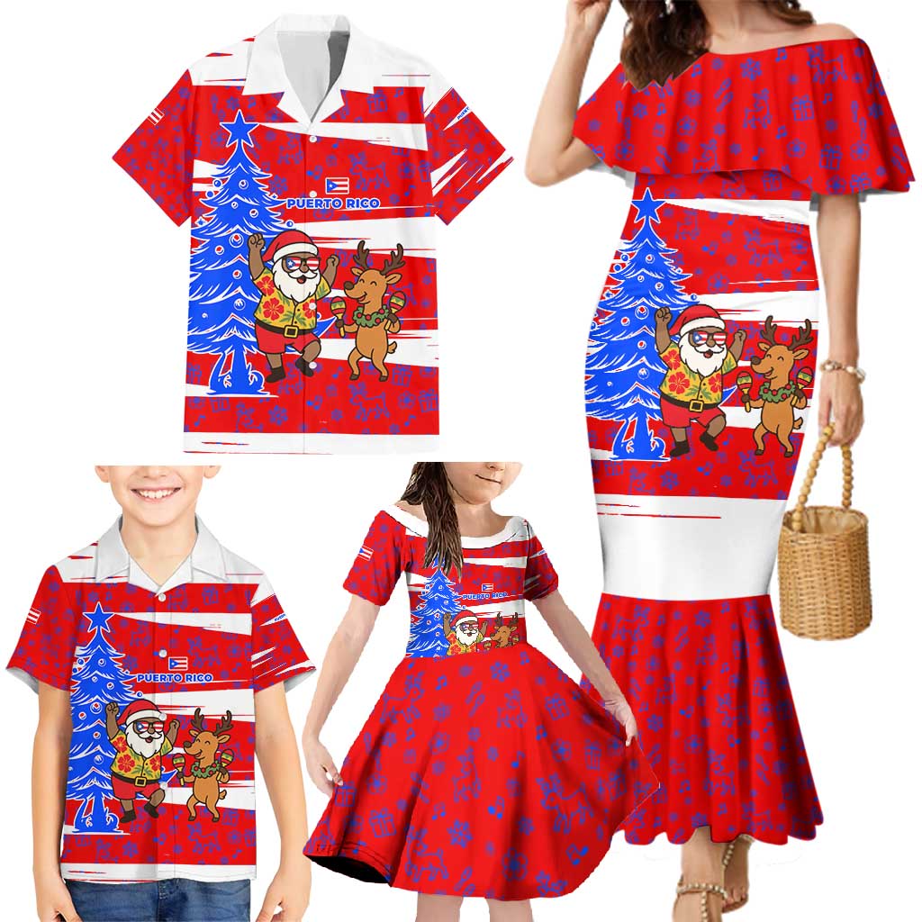 Puerto Rico Christmas Family Matching Mermaid Dress and Hawaiian Shirt with Dancing Santa Reindeer Blue Tree and Festive Flag Design - Wonder Print Shop