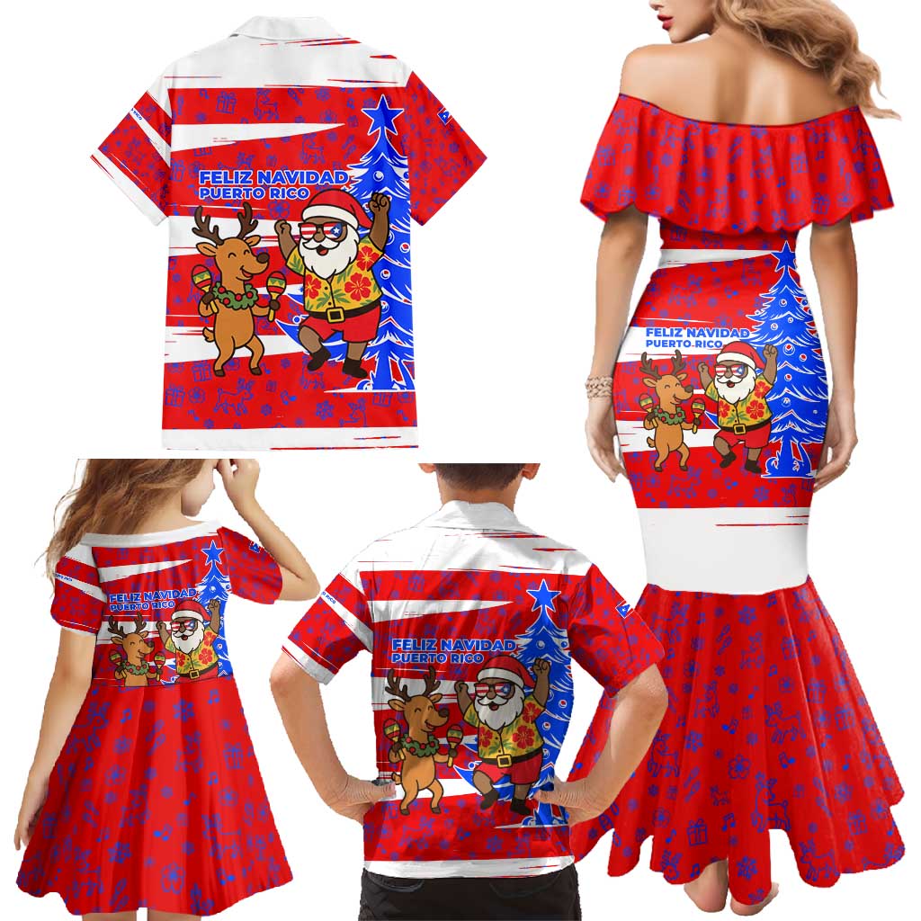Puerto Rico Christmas Family Matching Mermaid Dress and Hawaiian Shirt with Dancing Santa Reindeer Blue Tree and Festive Flag Design - Wonder Print Shop