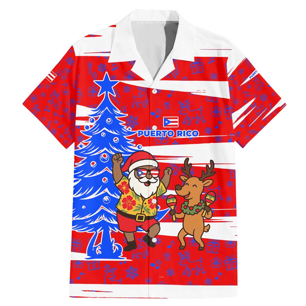 Puerto Rico Christmas Family Matching Mermaid Dress and Hawaiian Shirt with Dancing Santa Reindeer Blue Tree and Festive Flag Design - Wonder Print Shop
