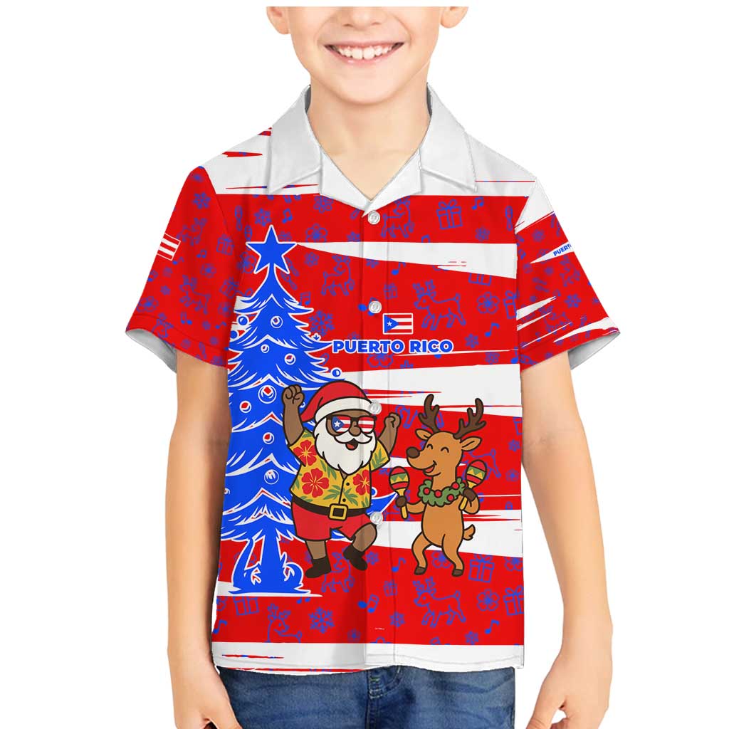 Puerto Rico Christmas Family Matching Mermaid Dress and Hawaiian Shirt with Dancing Santa Reindeer Blue Tree and Festive Flag Design - Wonder Print Shop