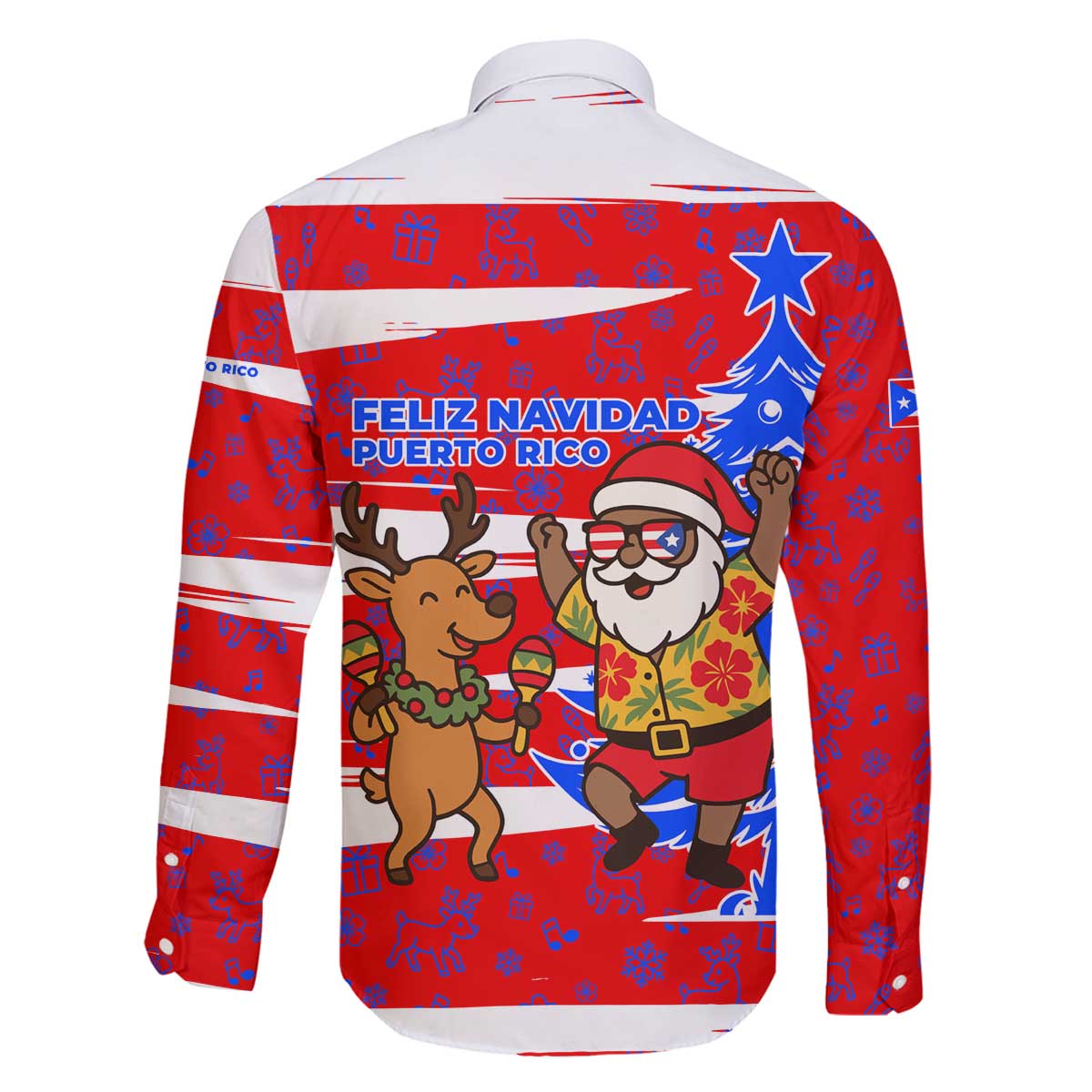 Puerto Rico Christmas Family Matching Off The Shoulder Long Sleeve Dress and Hawaiian Shirt with Dancing Santa Reindeer Blue Tree and Festive Flag Design - Wonder Print Shop