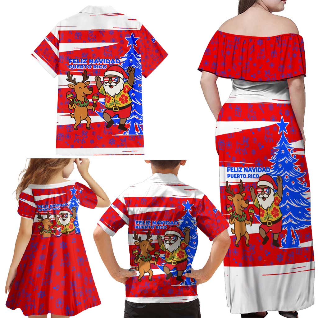 Puerto Rico Christmas Family Matching Off Shoulder Maxi Dress and Hawaiian Shirt with Dancing Santa Reindeer Blue Tree and Festive Flag Design - Wonder Print Shop